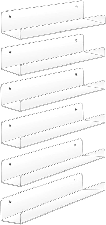 Sooyee 6 Pack Acrylic Floating Wall Shelves, 15 Inch | Funko Pop Display Shelf, Invisible Kids Book Shelf, Picture Ledge Shelf Decor, Clear Plastic