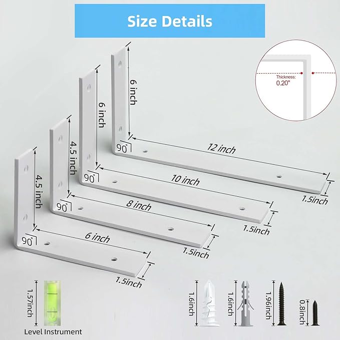 Shelf Bracket, Heavy Duty Floating Shelf Brackets 6-Inch Long, 6-Pack Brackets for Shelves, Matte White Coated L Shape Metal Wall Shelf Support Brackets with 1/5 Inch Thick and 160 lb. Load Capacity