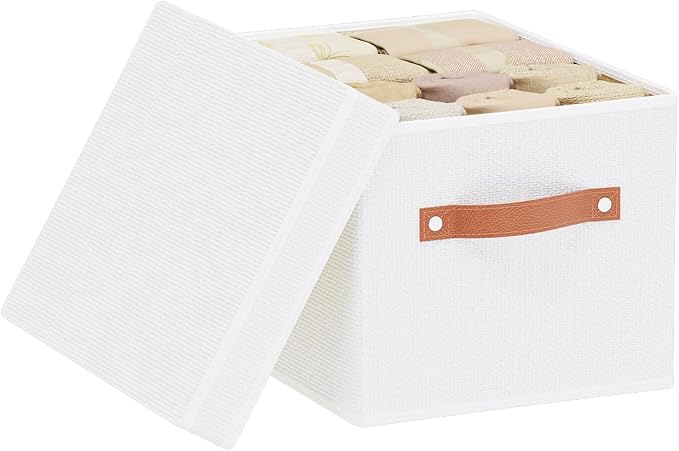 White Foldable Storage Bin,10.2×7.8×6.7 In,Shelf Basket,1-Pack | Storage Basket with Lids, Fabric Clothes Box with Handles,Sturdy Clothing Cube,Closet Organizers for Wardrobe Bedroom Laundry