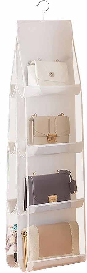 MURRI&MURRDI Hanging Handbag Organizer for Closet, Purse Storage Hanger with 8 Easy Access Clear Pockets, Womens Tote Bag Pocketbook Holder for Door Wall Wardrobe, Space Saving Organization, White