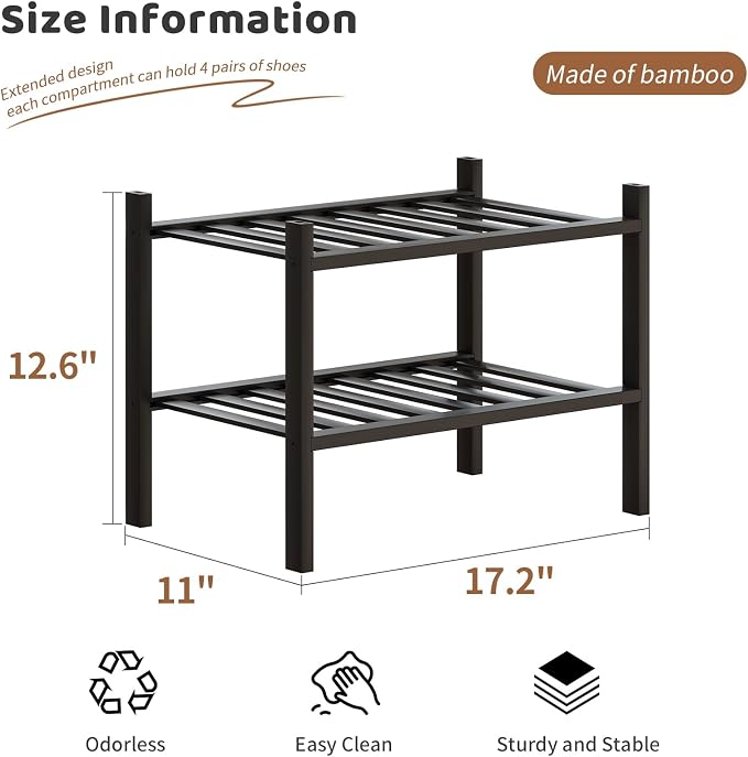Bamboo Shoe Rack Stackable Shoe Shelf Storage Organizer for Unit Entryway Hallway and Closet Sturdy Freestanding Small Shoe Shelf(2S Tier Black)