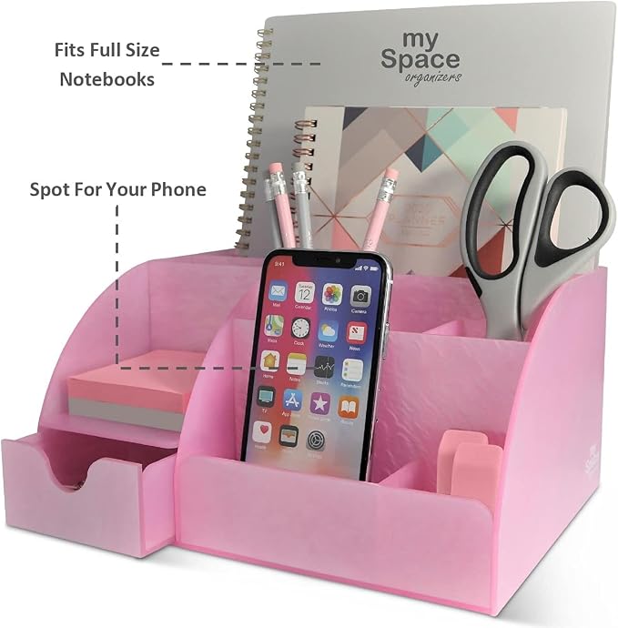 My Space Organizers Pink Desk Organizer Office, Acrylic, with Drawer, 9 Compartments, Supplies and Cool Desk Accessories Organizer, Desktop Pen Holder (Pink)