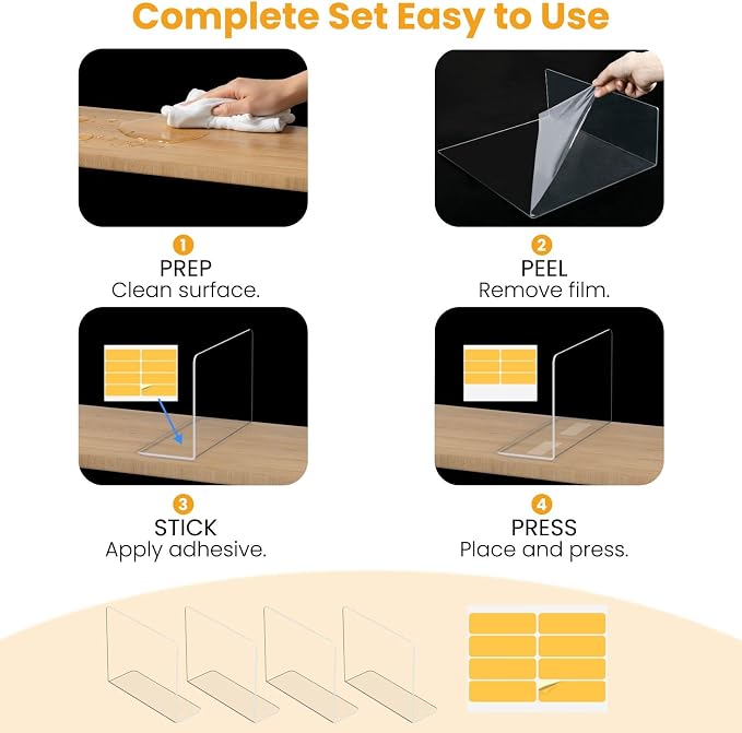 Shelf Dividers for Closet Organization – Acrylic Clear Sturdy Dividers to Keep Clothes, Sweaters & Purses Upright, Free-Standing for Wood Shelves, 10" Tall x 12" Deep, 4 Pack