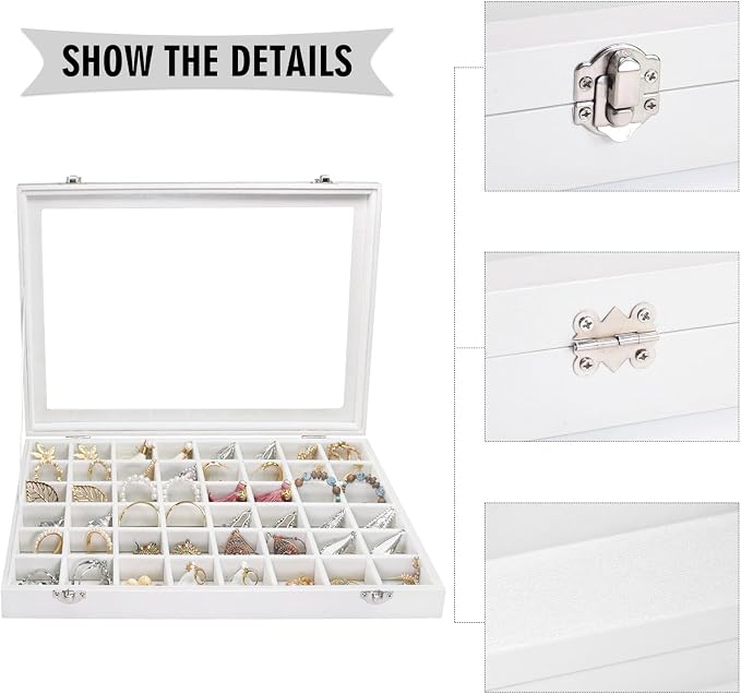 Siveit Jewelry Tray Organizer Box 48 Grid Jewelry Display Organizer Box with Transparent Lid Rings Earrings Necklaces Pendants Display Box Suitable for Women and Girls (48 Grid, White)