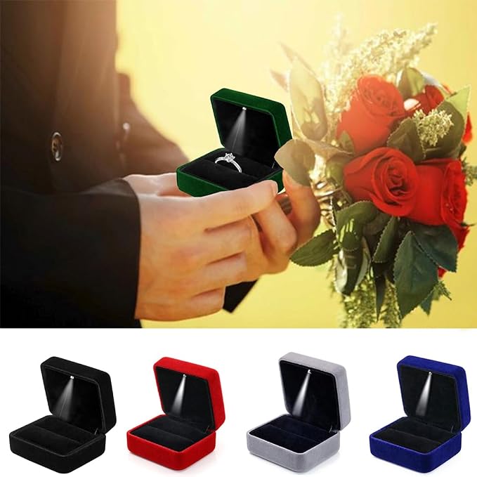 Ring Box with LED Light Velvet Emerald Jewelry Box