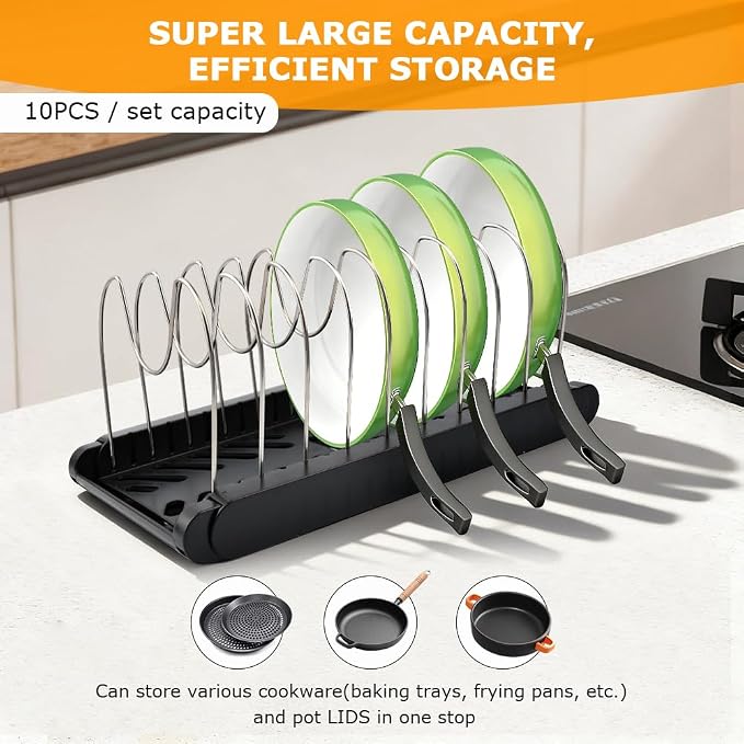 Pots and Pans Organizer for under Cabinet, Expandable Pot Lid Holder with 10 Adjustable Compartment, Pan Organizer Inside Cabinet for Lids & Cookware(COLOR:Black)