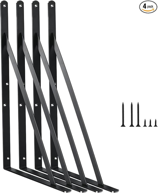 4 Pack L14 x H 10" Black Heavy Duty Shelf Brackets with Screws Metal Shelf Brackets Shelf Support Angle Brackets for Shelves L Brackets Heavy Duty Floating Shelf