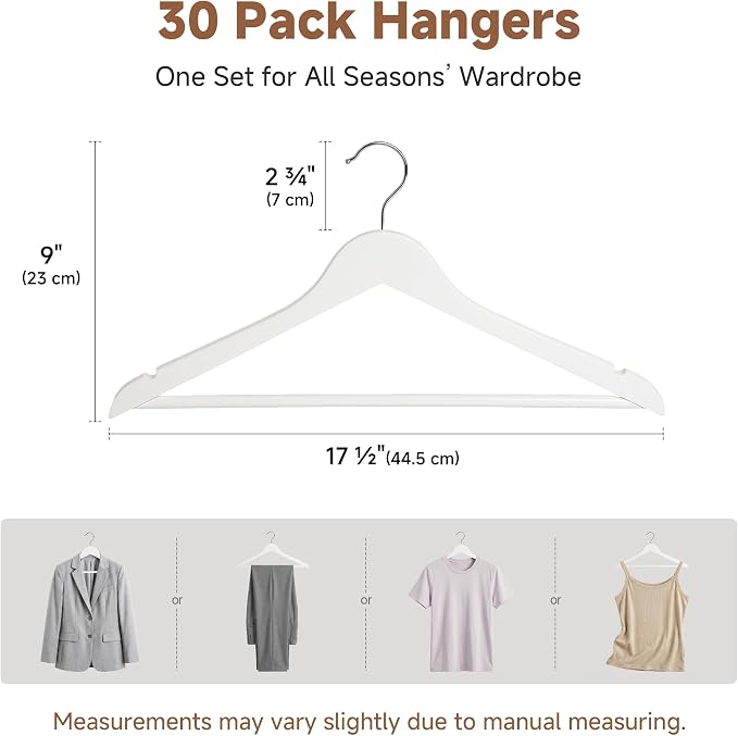 StorageWorks White Wooden Hangers 30 Pack, Heavy Duty Wood Hangers for Closet, Clothes Hangers for Coats, Bridesmaid Suits, Wedding Dress