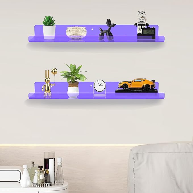 ROYALITA 2-Pack Acrylic Shelves Wall Mounted, 24 Inch Floating Shelves | for Small Items Plants Organize Wall Shelves for Gaming Room, Bedroom, Living Room, Office, Purple