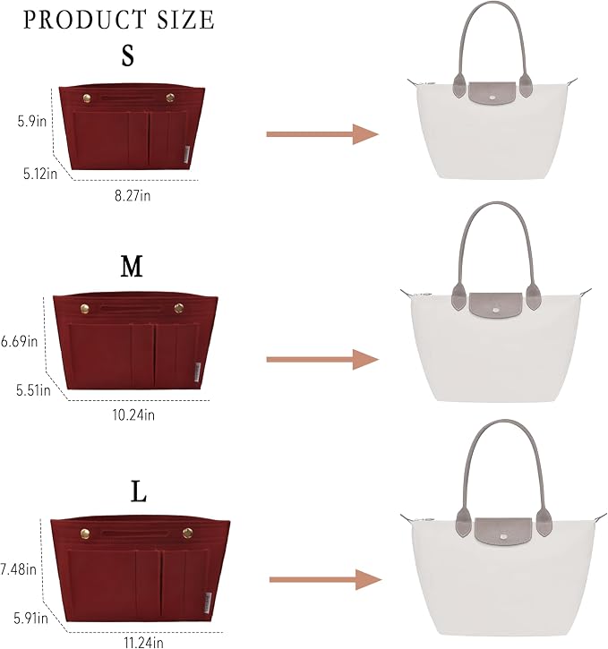 Vercord Purse Organizer Insert for Long champ Felt Organizer Insert with Zipper Handbag Insert Tote Shaper Storage Bag Burgundy M