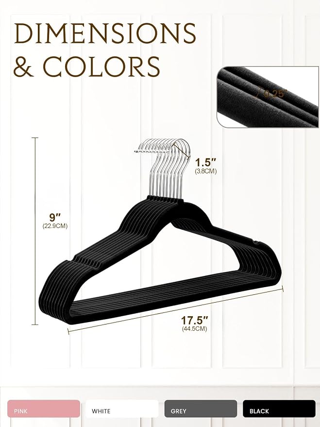 Black Velvet Hangers 70 Pack, Non Slip Felt Slim Hangers for Space Saving | 360° Silver Hooks; Shoulder Notches; Heavy Duty for Coats, Suits, Dresses, Shirts, Jackets and Pants for Closet Organizer