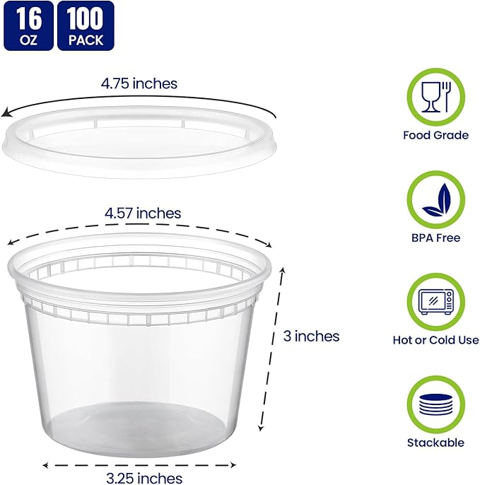 AOZITA 100 Sets 16 oz Plastic Deli Containers With Lids, Airtight Food Storage Containers, Freezer/Dishwasher/Microwave Safe, Takeout Meal Prep Storage