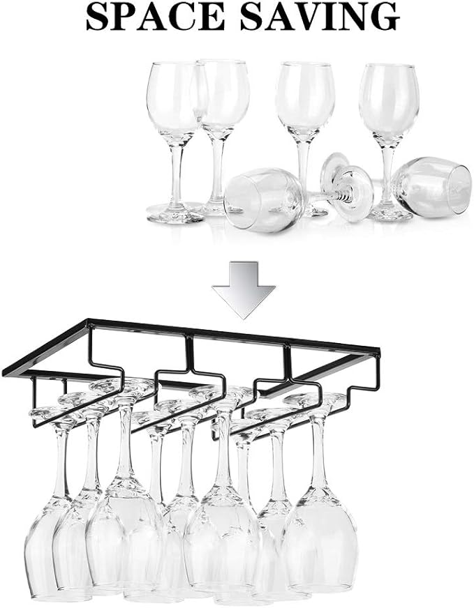 FOMANSH Wine Glass Rack - Under Cabinet Stemware Wine Glass Holder Glasses Storage Hanger 2 Pack Metal Organizer for Bar Kitchen Black