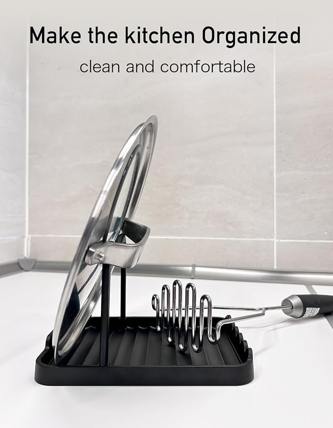 Anti-Rust Metal Spoon Rest with Lid Holder, Heat-Resistant Pot Lid Rest, Multifunctional Spatula Holder While Cooking for Stovetop and Kitchen Counter – Black