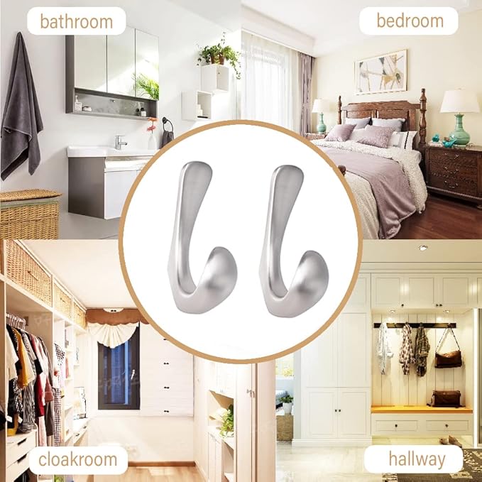 4 Pack Towel Hooks for Bathrooms Wall Mounted, Brushed Nickel Bathroom Hooks for Towels, Robe & Towel Hook for Wall, Modern Bath Towel Hook
