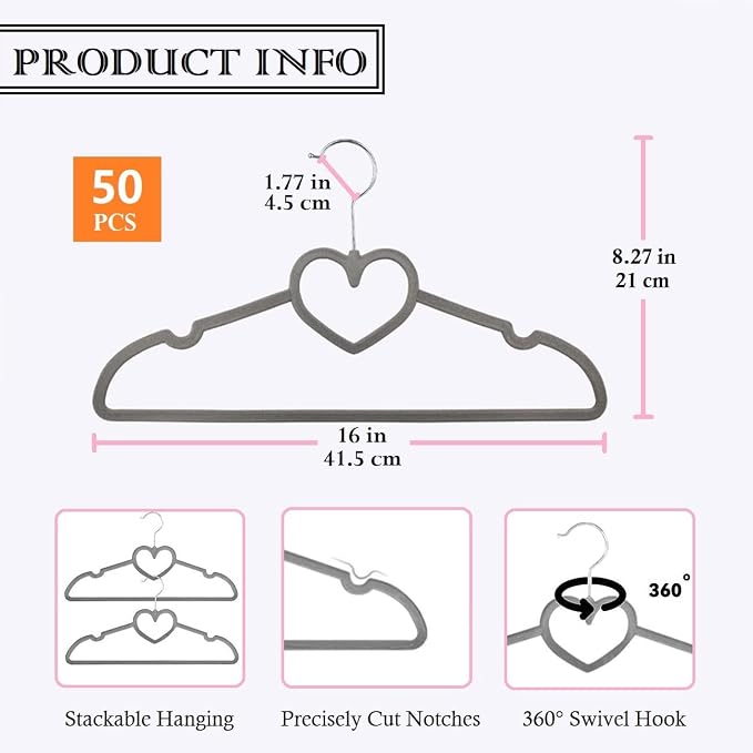 Velvet Hangers 50 Pack,16 Inch Non Slip Adult Heart Hanger (Grey) | 360° Swivel Hooks, Cascade Design, Space Saving