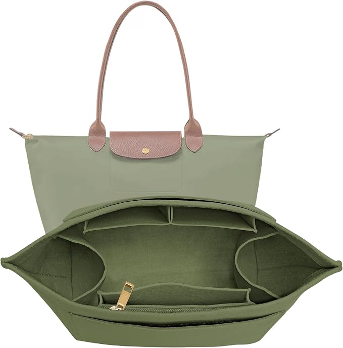 LOUKAYCCI Purse Organizer Insert for Longchamp Le Pliage L Handbag Insert Felt Long Champ Tote Bag Organizer Insert with Cup (Green, Large)