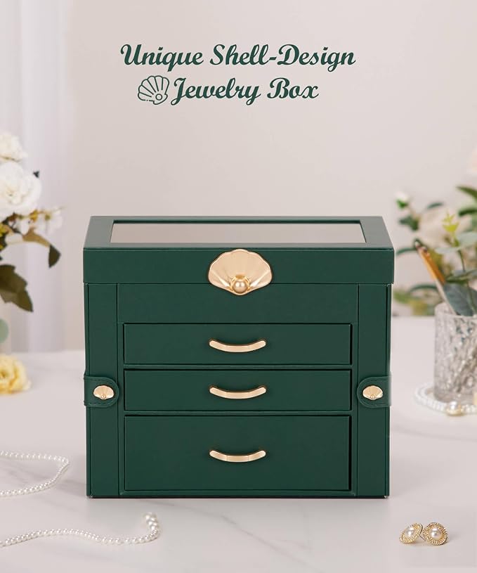 Enthralite Jewelry Box with 3 Drawers: Display Organizer for Earrings Necklaces - Gifts for Girls Women (Forest Green)