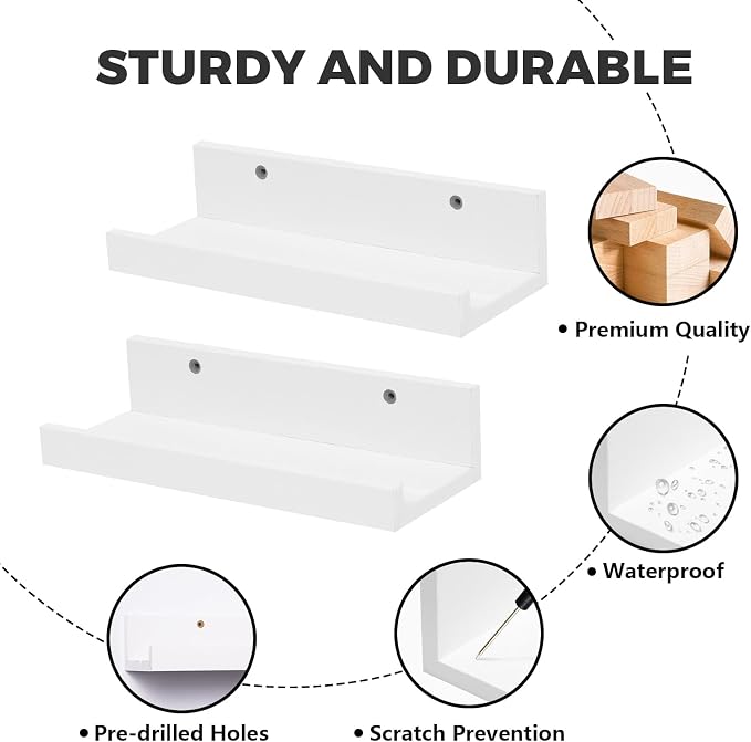 Muzilife 12" Small Floating Shelves Wood Wall Shelf with Lip, 4Pcs, White | FSC-Certified Wood | 20 lbs Capacity | Space-Saving | Hanging Shelf | Wall Decor| Bedroom,Living Room,Bathroom,Kitchen,Office