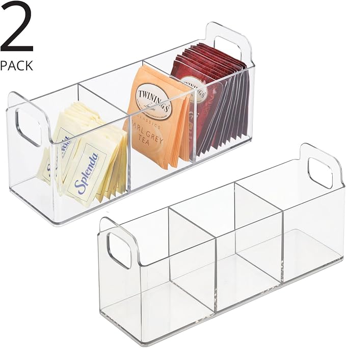 mDesign Plastic Condiment Organizer and Tea Bag Holder - 3-Compartment Kitchen Pantry/Countertop Storage Caddy - Divided Chip, Snack, Oatmeal Packet Holder - Lumiere Collection - 2 Pack, Clear