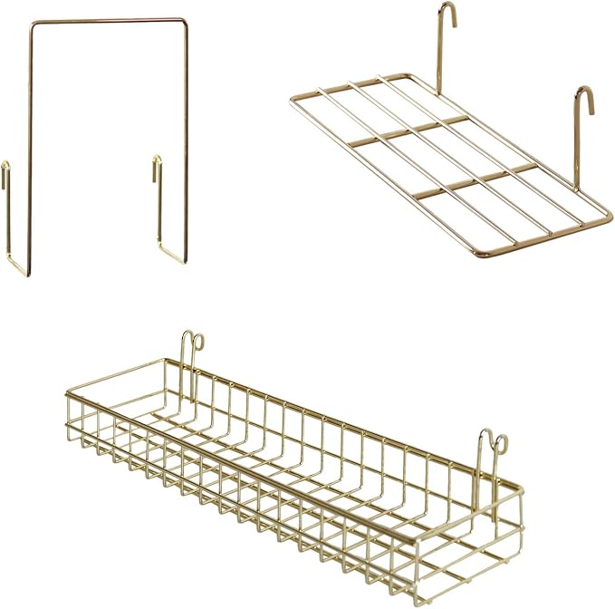 Gold Grid Basket with Hooks,Bookshelf,Display Shelf for Wall Grid Panel,Wall Mount Organizer and Storage Shelf Rack for Home Supplies,1 Set of 3 (Gold)