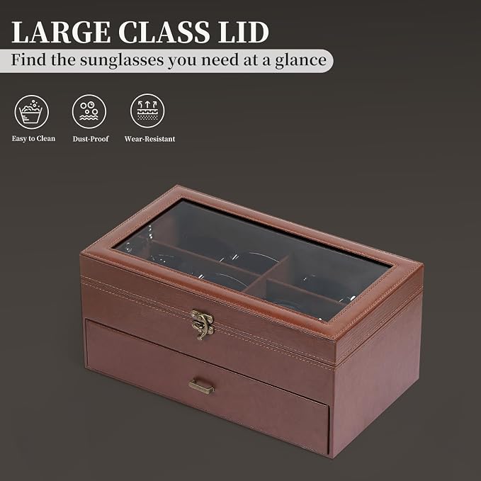 AUTOARK Leather & Velvet 12 Piece Eyeglasses Display Case,Coffee,AW-164 | Clear Lid,Storage and Sunglass Organizer,Drawer Lockable