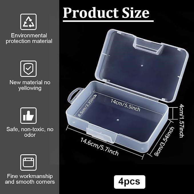 BENECREAT 4 Pack 5.5x3.35x1.5 Large Clear Plastic Box Container Clear Storage Organizer with Hinged Lid for Small Craft Accessories Office Supplies Clips