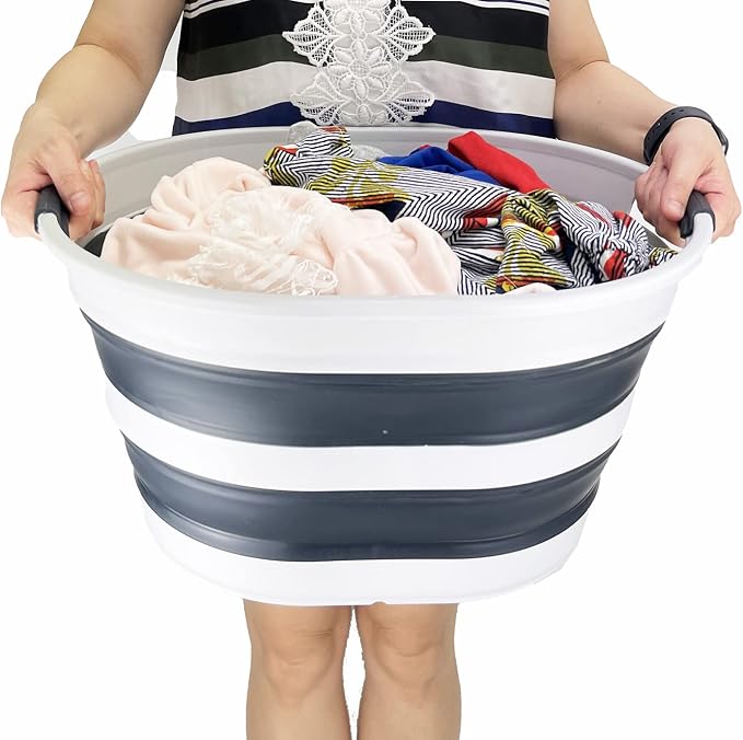 SAMMART 23L (6 Gallons) Collapsible Plastic Laundry Basket - Oval Tub/Basket - Foldable Storage Container/Organizer - Portable Washing Tub - Space Saving Laundry Hamper (Grey/Slate Grey)