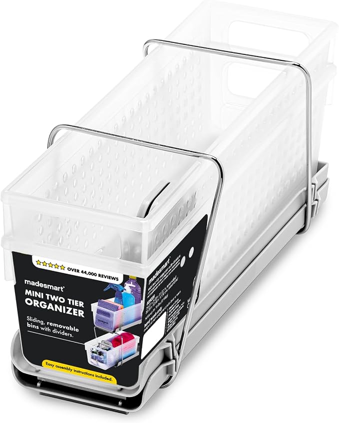 madesmart Mini 2-Tier Organizer, Multi-Purpose Slide-Out Storage with Handles and Dividers for Home and Bath, Frost