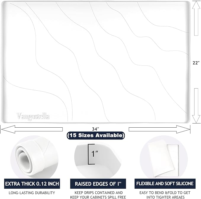 Heavy Duty Silicone Under Sink Mats for Kitchen Waterproof 31" x 22", Extra Thick Under Sink Rubber Mat Drip Tray, Raised Edge Under Sink Liner,Prevent Drips, Leaks, Spills,White