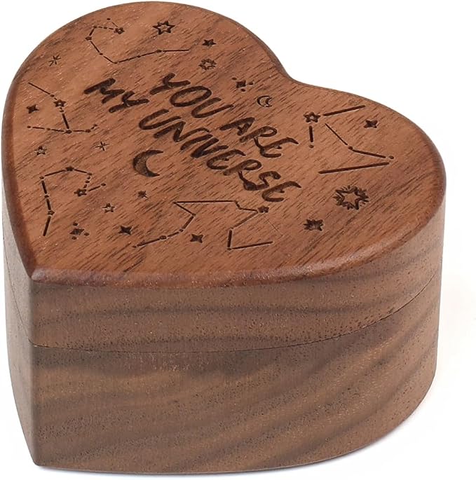Engagement Proposal Ring Box Secret Slim Engraved Wooden Heart Case | Engrave"You are my universe", Walnut Wood Ring Bearer Box Jewelry Storage Holder Display for Wedding Ceremony Commemoration