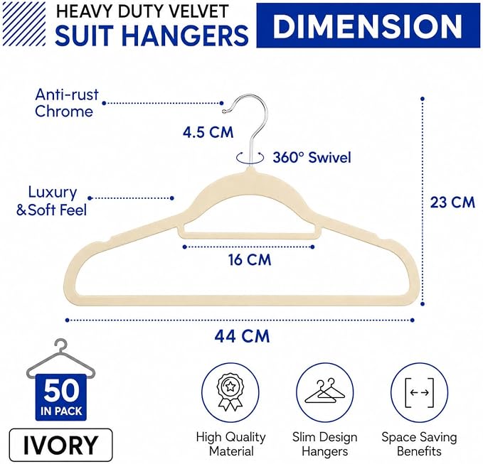 1ABOVE Premium Quality 50 Pack Non-Slip Velvet Hangers (44cm) Heavy Duty Velvet Suit Hangers with Tie Bar, 360° Swivel Hooks – Space Saving, Sturdy to Hold Jacket, Jumper & Pullover(Set of 50-Ivory)