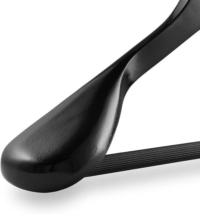Casafield - 6 Black Wide Shoulder Wooden Suit Hangers - Premium Lotus Wood, Non-Slip Pant Bar & Chrome Swivel Hook for Dress Clothes, Coats, Jackets, Pants, Shirts, Skirts