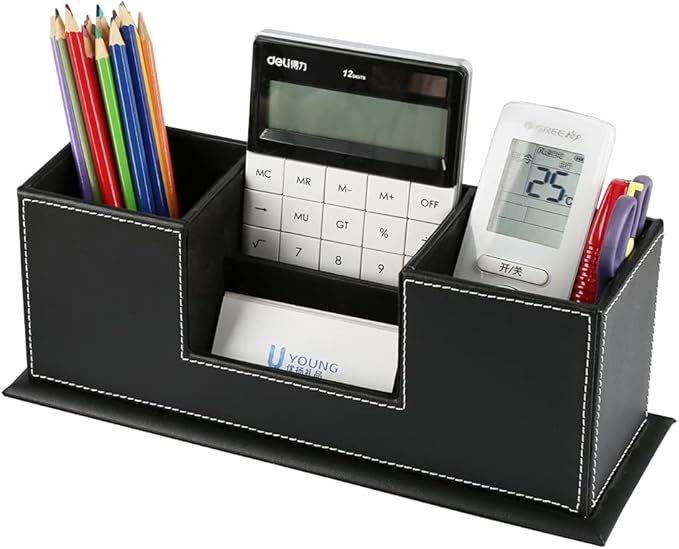 KINGFOM™ Double Holder Leather Multi-Function Desk Stationery Organizer Pen Pencil Holder Black