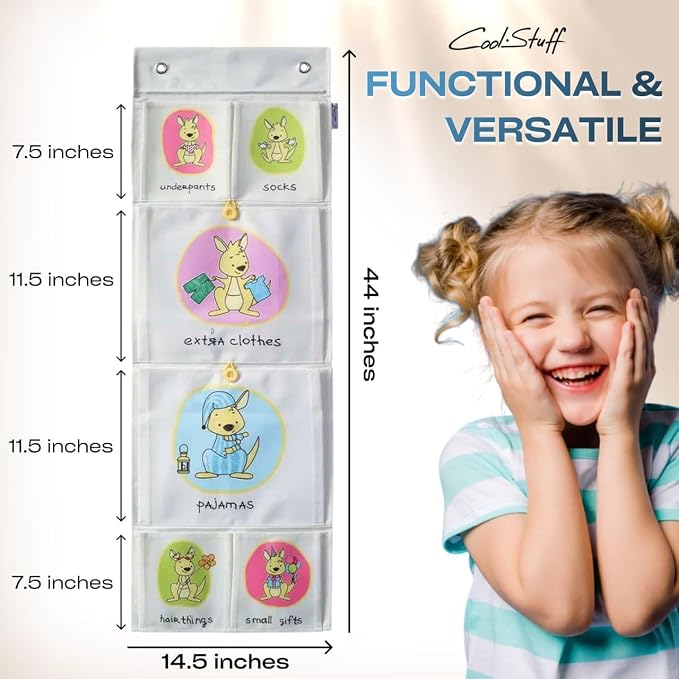 Room Hanging Storage Organizer, Fun & Colorful Storage & Organization for Clothes, Toys, & More. Wall & Door Attachable, Water-Resistant, Ideal for Kids' Room, Locker Kindergarten or Playroom (Gray)