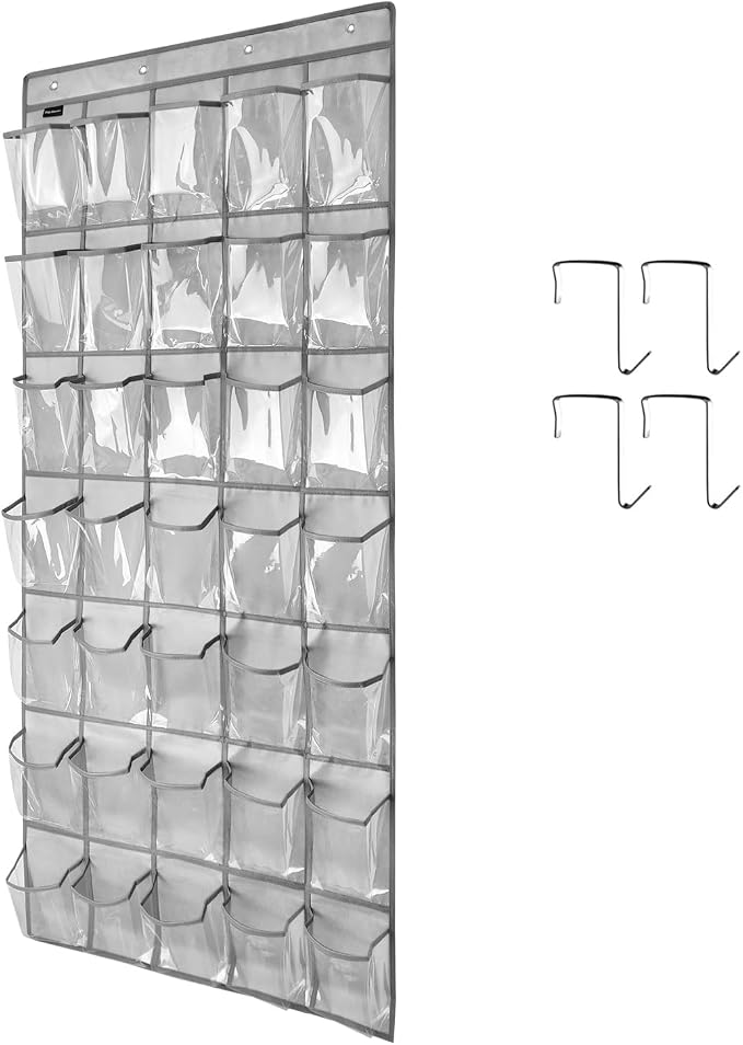 Clear Crystal 1 Pack 35 Pockets Large Hanging Shoe Organizer Over The Door Shoe Rack for Closet Door Storage Shoe Holder Hanger, 4Hooks, grey