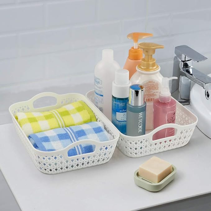 White Small Shallow Plastic Storage Tray with Handle, 6-Pack | Carry Handles, Durable Plastic Construction, Shallow Storage Tray, Multi-Purpose Basket, for Home Kitchen Bathroom