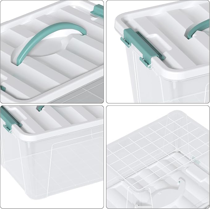 14 Quart Stackable Storage Bin with Latching Lid, Plastic Container Box to Organize Office, Crafts, Clear Base and White Lid, 8-Pack