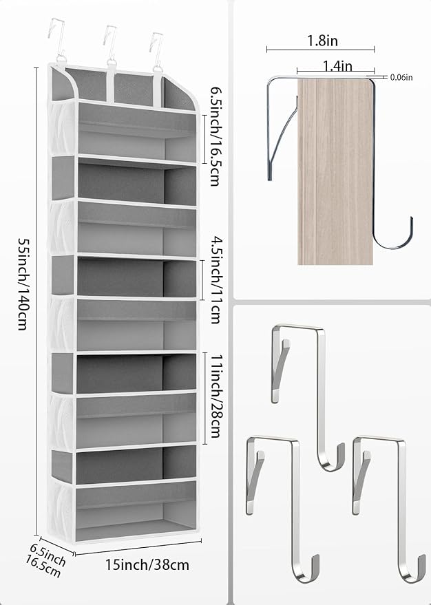 TAHAVICE 1 Pack Over The Door Storage Organizer with 5 Large Pockets | 44 lbs Weight Capacity Door Hanging Organizers with 10 Mesh Pockets for Bedroom,Bathroom,Nursery,Kidroom(Light Gray)