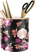 Pen Holder for Desk, Pencil Cup Holder, Cute Floral Makeup Brush Holder Durable Ceramic Flower Design Desk Pencil Organizer for Office, Classroom, Black