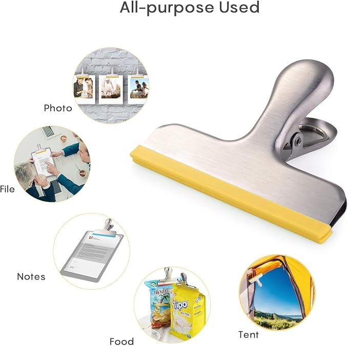 HOUSE AGAIN 6 Pack Stainless Steel Chip Bag Clips Covered with Silicone - NO More Sharp Edges - Color Coded for Food Bags - Air Tight Seal, Heavy Duty for Kitchen and Office, 3 Inches, Red,Yellow,Blue