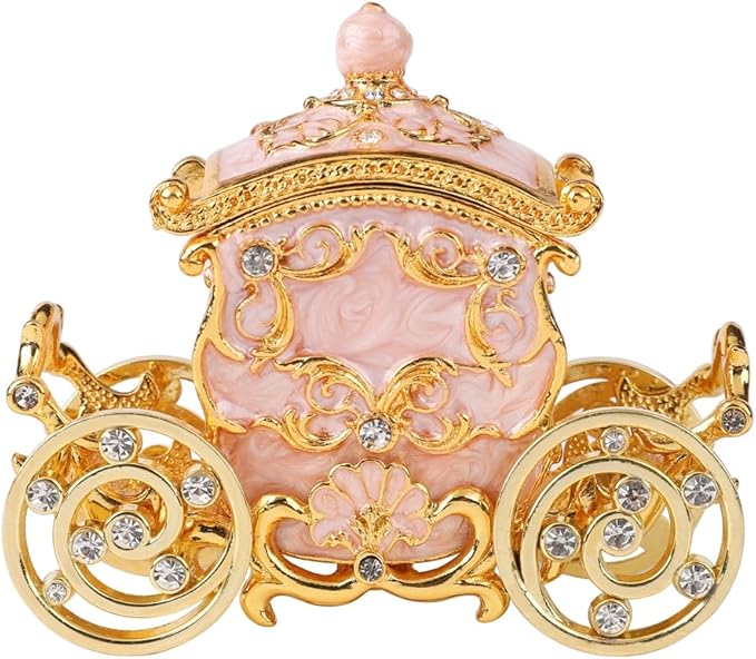 Retro Carriage Jewelry Trinket Box Enamel Ring Hold Boxes Hand-Painted Vintage Ornaments Craft Gift for Women Girls (Pink)