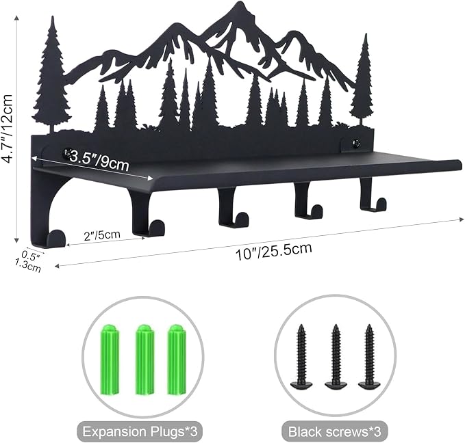 Key Holder for Wall, Metal Decorative Wall Mounted Mountain Key and Mail Holder with Shelf, 2 in 1 Key Hooks for Entryway, Front Door, Hallway, Key Organizer and Key Rack (10 Inches)