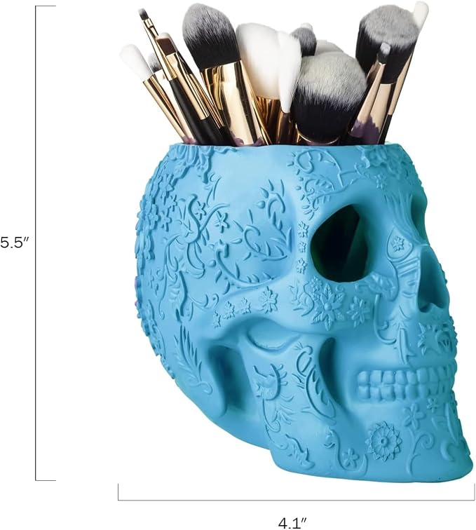 Skull Makeup Brush Holder, Pen Holder, Vanity, Desk, Office Organizer, Stationary, Decor Planter, Candy Bowl, Goth Decorations, Extra Large, Skulls Gothic Skull & Bones Organizer Bathroom (Blue)