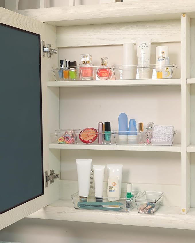 Clear Plastic Drawer Organizer Storage - 25Pcs 4 Size Desk Bathroom Kitchen Organizers and Accessories Office Organization, Vanity Stackable Drawers Bins Trays Containers Dividers Makeup Sets