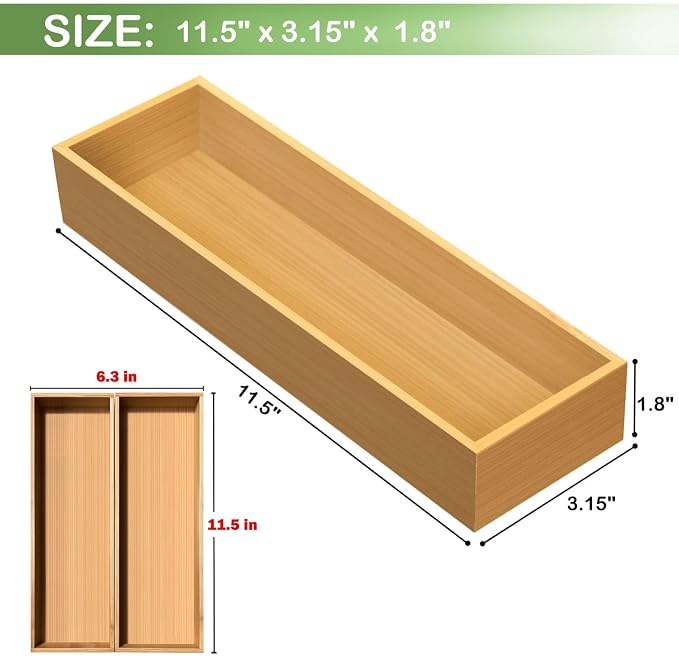 guiogc Bamboo Drawer Silverware Organizer 11.5" x 3.15" x 1.8" Set of 2 | Flatware Organizers, Multi-purpose Storage Box, For Kitchen, Offices and Dressing table, Bamboo Material