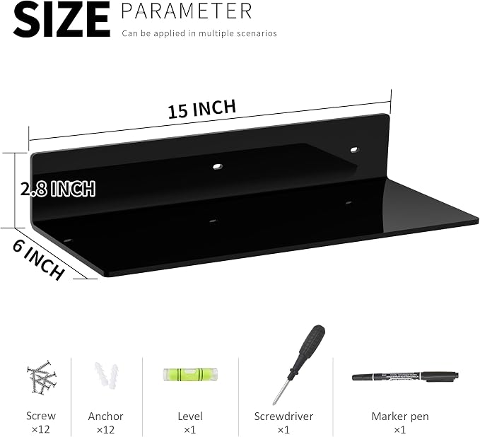 15 Inches Black Acrylic Wall Shelves 4 Pack, Perspex Wall Mounted Shelves for Home Décor, Space Saver