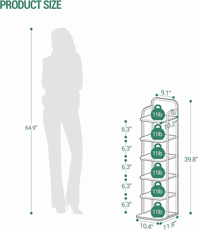 Hzuaneri Vertical Shoe Rack, Shoe Shelves, Wood Shoe Organizer for Closet, Entryway, Shoe Tower for Small Spaces, Free Standing, Adjustable, with 2 Hooks, 6 Tier Black SR04204B