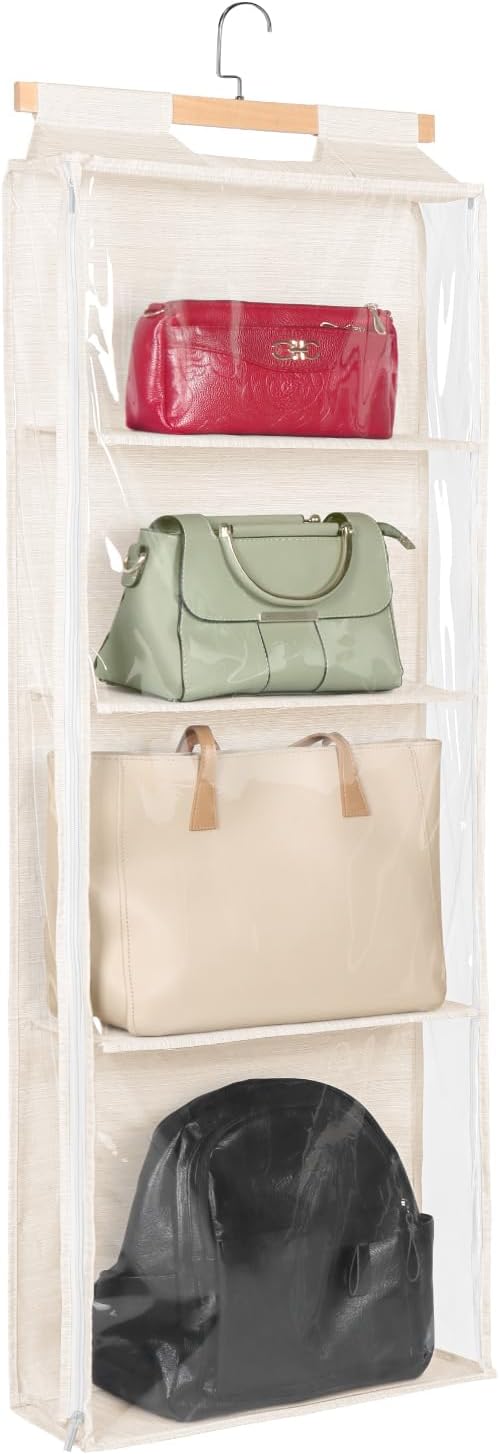 Syeeiex Over The Door Purse Organizer with Zippers, 4 Mesh Shelves,Clear Slubbed Fabric+PVC Hanging Closet Bag Organizer, Dustproof Handbag Closet Tote Storage Bag for Door, Wardrobe, Beige