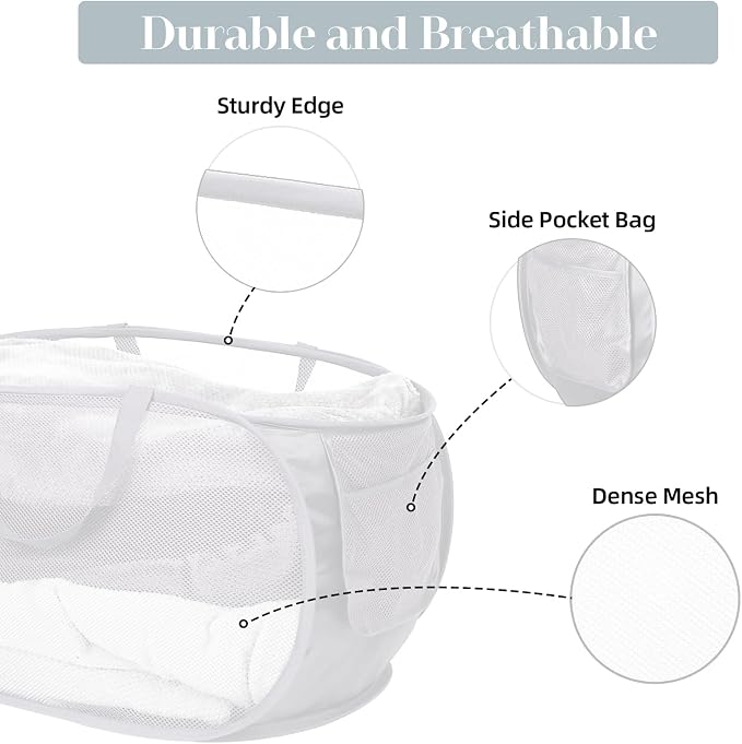 4 Pack Foldable Laundry Basket Hamper, Collapsible Laundry Baskets with Pocket, Mesh Pop Up Laundry Hamper, Clothes Hamper with Reinforced Handles for Laundry, Bathroom, Kids Room, Dorm or Travel